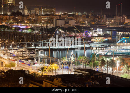 Barcelona city at night, cityscape with Rambla de Mar over Port Vell and Placa de les Drassanes Stock Photo