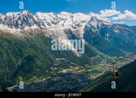 Aerial view of Chamonix and Mont Blanc from Plan Praz, France Stock Photo