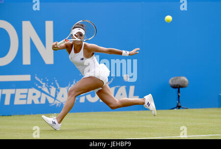 Heather Watson of Great Britain in action against Lesia Tsurenko of Ukraine during the Aegon International Eastbourne tennis tournament at Devonshire Park in Eastbourne East Sussex UK. 25 Jun 2017