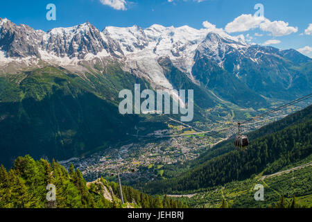 Aerial view of Chamonix and Mont Blanc from Plan Praz, France Stock Photo