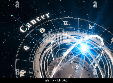 Zodiac Sign Cancer And Armillary Sphere On Black Background Stock Photo