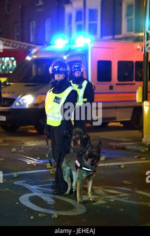 Police officers on Romford Road in Forest Gate, east London, as people protest over the death of Edir Frederico Da Costa, who died on June 21 six days after he was stopped in a car by Metropolitan Police officers in Woodcocks, Beckton, in Newham, east London. Stock Photo