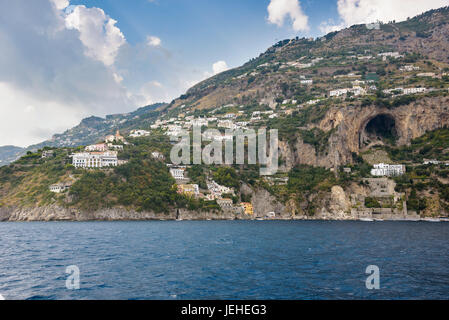 View of Conca dei Marini village on Amalfi coast seen from the sea, Campania, Italy Stock Photo