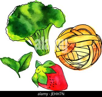 Set of isolated vector and watercolour vegan food drawings Stock Vector