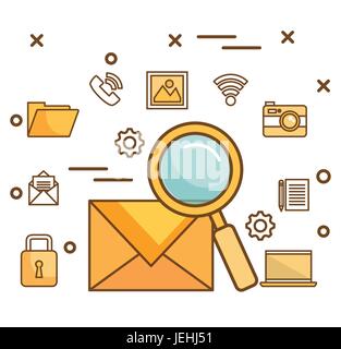 Envelope with magnifying glass and related icons over white background vector illustration Stock Vector