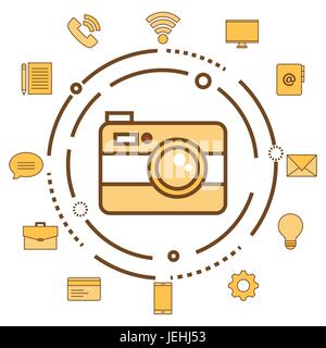 Camera with technology and communication related objects over white background vector illustration Stock Vector