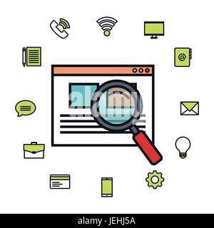 Webpage and magnifying glass with related objects over white background vector illustration Stock Vector