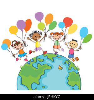 four happy jumping kids round the globe, with balloons isolated background cartoon Stock Vector