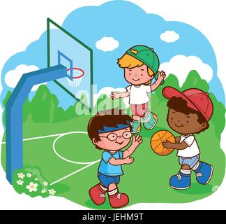 Children team play basketball. Happy boys, student kids team at school, play basketball sport outdoors. Vector illustration Stock Vector