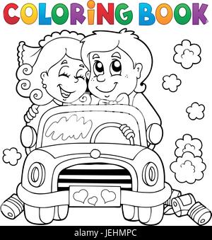 couple car just married outline Stock Vector Art & Illustration, Vector