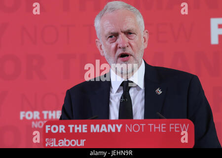 Jeremy Corbyn, leader of the Labour Party delivers a speech in London on defending democracy and the importance of standing together in solidarity with the city of Manchester. Britain is on critical alert following Salman Abedi the suicide bomber who killed 22 and injured dozens after a music concert in Manchester Arena on May 22nd. The government has deployed military on the streets along side the police.  Featuring: Jeremy Corbyn Where: London, United Kingdom When: 26 May 2017 Stock Photo