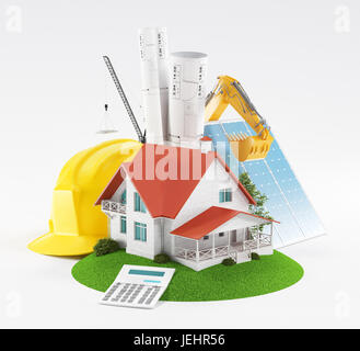 House with building projects and solar panels Stock Photo