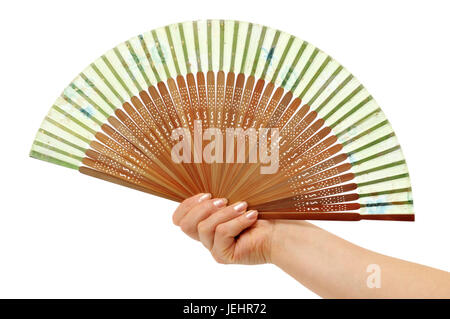 Fan in a woman hand isolated on white background Stock Photo