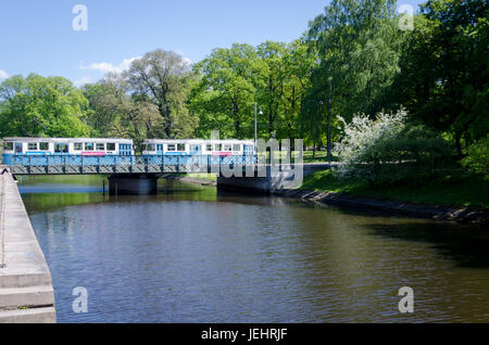 one typical tram in gothenburg on the bridge over the river Stock Photo