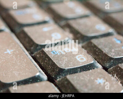 the dirty and dusty keypad macro close up of a black and blue keyboard for pc Stock Photo