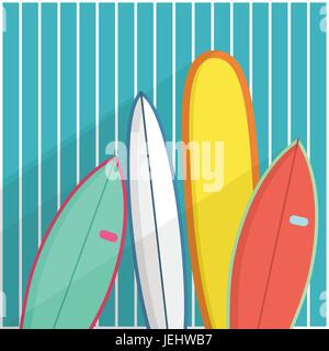 Surfboards Vector illustration Four surfboards are standing at wooden blue wall Poster template Set of different surfboards in cartoon style Stock Vector