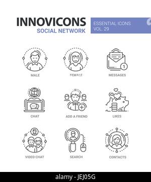 Social Network - modern color vector single line icons set. Male, female person, message, text, letter, chat, globe, add, friend, like, thumbs up, sav Stock Vector