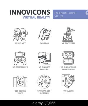 Virtual Reality - modern color vector single line icons set. Vr helmet, gamepad, platform, controller, glasses, pc, smartphone, 360 degree video, came Stock Vector