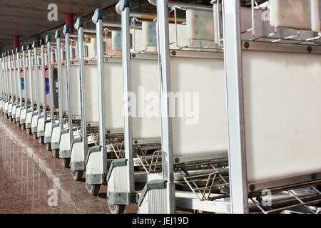 Lined up baggage trolleys at Beijing Capital Airport. Stock Photo
