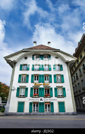 BERN-JUNE 23. Characteristic former mansion. Bern is founded in 1911, the Swiss capital is famous because of its well preserved sandstone facades. Stock Photo