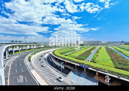 Road network around Beijing Capital International Airport Terminal 3, the second largest airport terminal in the world. Stock Photo