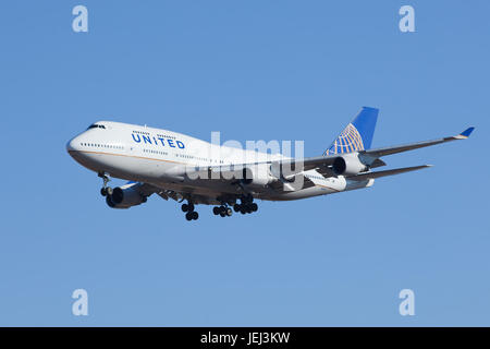 BEIJING-FEBRUARY 18, 2015. United Airlines N174UA, Boeing 747-400 landing. It is the best-selling model of the Boeing 747 family of jet airliners. Stock Photo