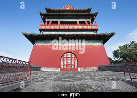 The majestic Beijing Drum Tower against a blue sky Stock Photo