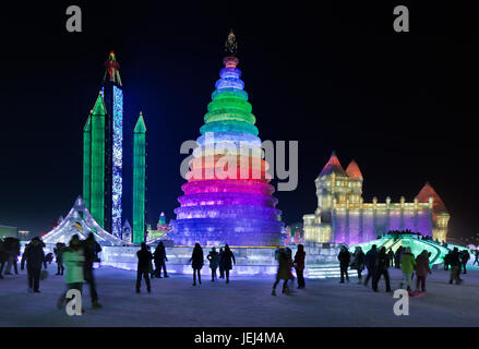 HARBIN-FEB. 13, 2015. International Ice and Snow Sculpture Festival. During the event, 800,000 visitors descend on the city, with 90% from China, this Stock Photo