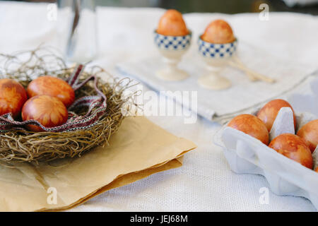 Traditional Latvian naturally dyed eggs for Easter Stock Photo