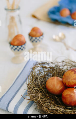 Traditional Latvian naturally dyed eggs for Easter Stock Photo