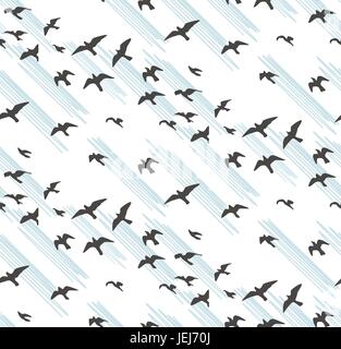 Seagulls silhouettes seamless pattern. Flock of flying birds gray silhouette. Dove, sea-gull sketch abstract bird Vector wrapping paper cute design fa Stock Vector