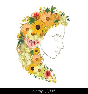 Vector floral female line silhouette portrait of beautiful woman with watercolor sunflower dahlia flowers, eucalyptus greenery hair on head. Young, de Stock Vector