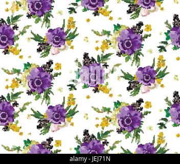 Flowers seamless pattern. Vector wallpaper with lilac, yellow blooming anemones bouquets roses hip eucalyptus isolated white background. Floral summer Stock Vector