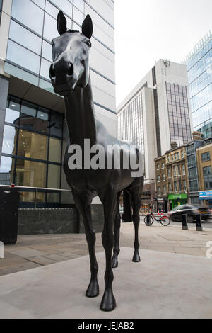 London, UK. 25th June, 2017. 'The Black Horse' (2015) by Mark Wallinger, exhibit no. 2 of 18 for this year's Sculpture in the City project. The seventh edition of the project, featuring contemporary works from internationally-renowned artists, will be on display to the public from 27th June. Credit: Mark Kerrison/Alamy Live News