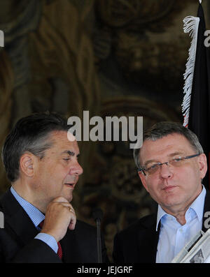 German Foreign Minister Sigmar Gabriel (left) and Czech Foreign Minister Lubomir Zaoralek attend the press conference after their meeting in Prague, Czech Republic, on June 24, 2017. Zaoralek rejected comparing the European Union with the former Warsaw Pact and life conditions in the former eastern bloc in reaction to a question about President Milos Zeman's recent statement. (CTK Photo/Ondrej Deml) Stock Photo