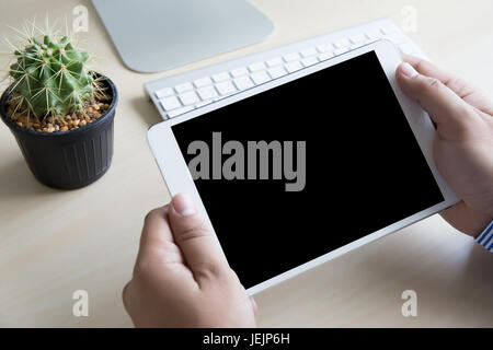 man Sitting Sofa Using Hands Modern Smartphone Tablet Stock Photo