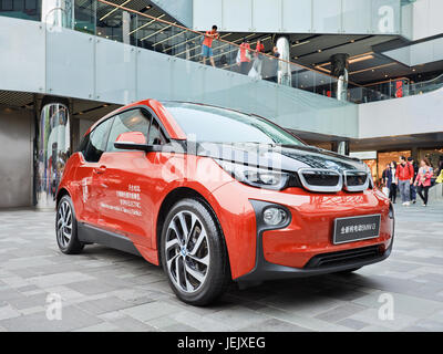 BEIJING-OCT. 19, 2014. BMW i3 in Beijing Taikoo Li shoping area. It is a five-door urban electric car developed by BMW, their first zero emission car. Stock Photo