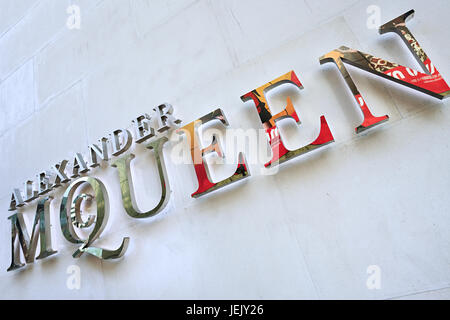 BEIJING–APRIL 6. Alexander McQueen logo on a fashion store. Lee Alexander McQueen, (1969 – 2010) was a very succeeded British fashion designer. Stock Photo