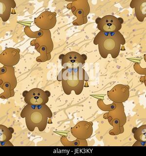 Seamless pattern, cartoon teddy bears with toy airplanes and golden bells on abstract background. Vector Stock Vector
