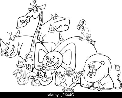 Black and White Cartoon Illustration of Safari Animal Characters Group Coloring Book Stock Vector