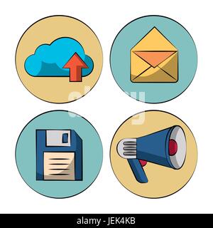 white background with colorful circles with marketing icons mail and floppy disk and megaphone and cloud upload Stock Vector