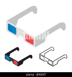 3D glasses of flat style Isometric vector illustration, black and white 3D glasses  Isolated on white background. Stock Vector