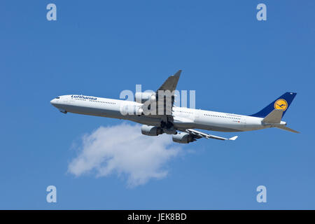 BEIJING-MAY 10. Lufthansa Airbus A340-642X, D-AIHR take off. A long-range four-engine wide-body passenger jet airliner for 375 passengers. Stock Photo