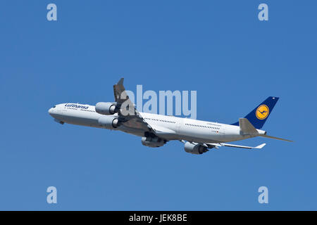 BEIJING-MAY 10. Lufthansa Airbus A340-642X, D-AIHR take off. A long-range four-engine wide-body passenger jet airliner for 375 passengers. Stock Photo