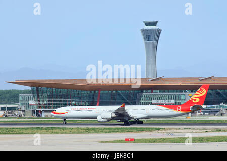 BEIJING-MAY 11. Hainan Airlines Airbus A340-642, B-6509 on Capital Airport. Long-range four-engine wide-body passenger jet airliner, 375 passengers. Stock Photo