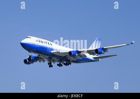 BEIJING-JULY 5. United Airlines Boeing 747-422, N178UA landing. Best-selling model of the Boeing 747 family of jet airliners. It can fly 14,200 km. Stock Photo