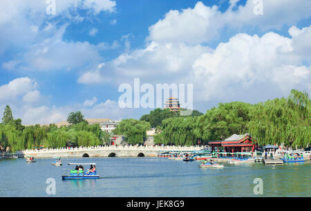 Beijing Beihai Lake with white stone bridge on a beautiful day Stock Photo