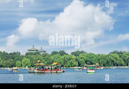 View on Beijing Beihai lake with blue sky and dramatic clouds Stock Photo