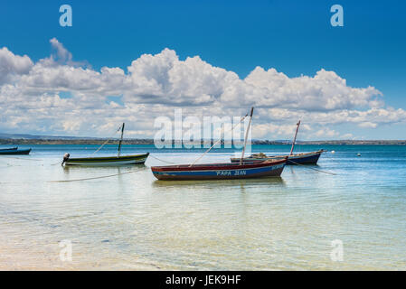 Ramena, Madagascar - December 20, 2015: Traditional Malagasy wooden fishing sail boats on the sea coast, Madagascar. Ramena is a charming, steadily gr Stock Photo