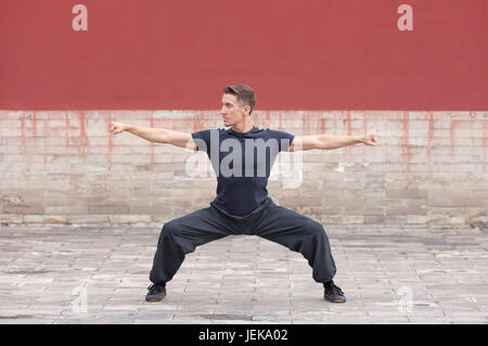 Martial arts master practising against red ancient Chinese wall, Beijing, China Stock Photo